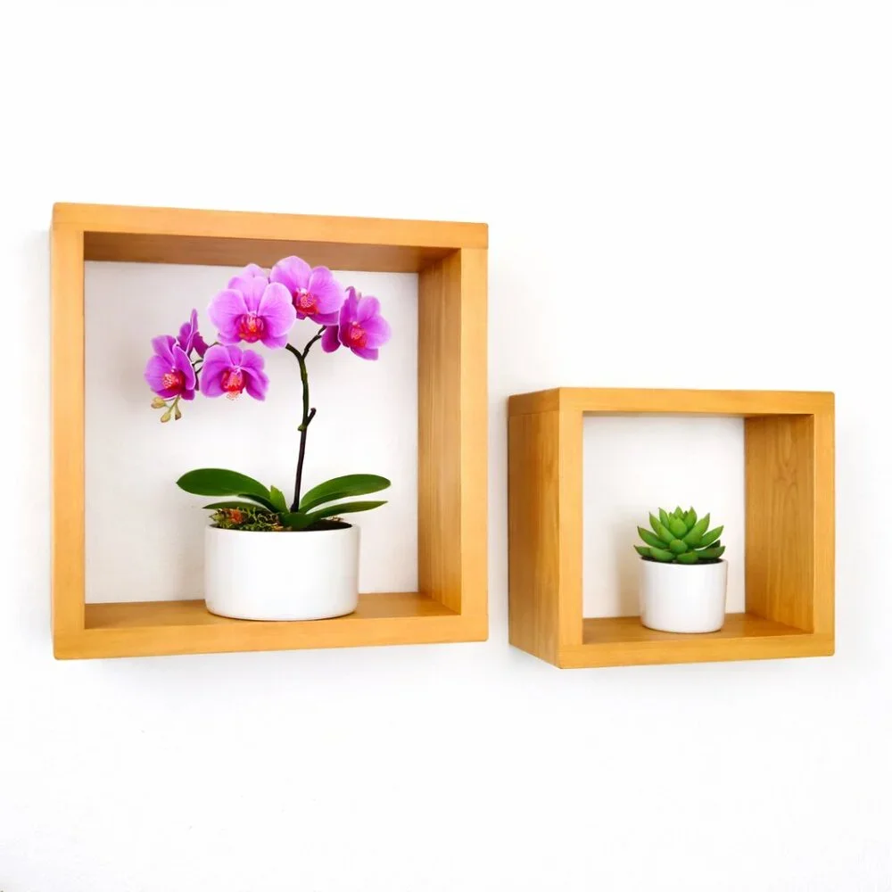 NIB Set of 2 Quality Wood Floating Cube Square Box Shelves Wall Decor 8